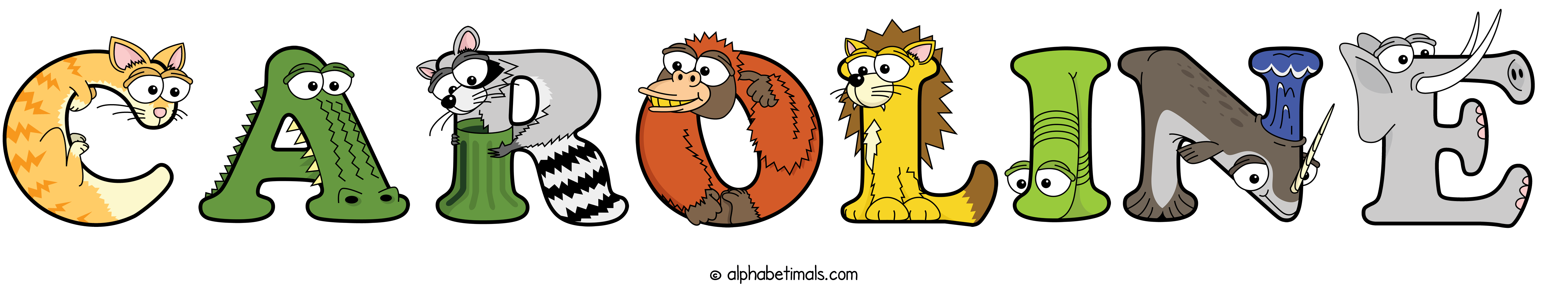 The word CAROLINE written in fun cartoon animal word art