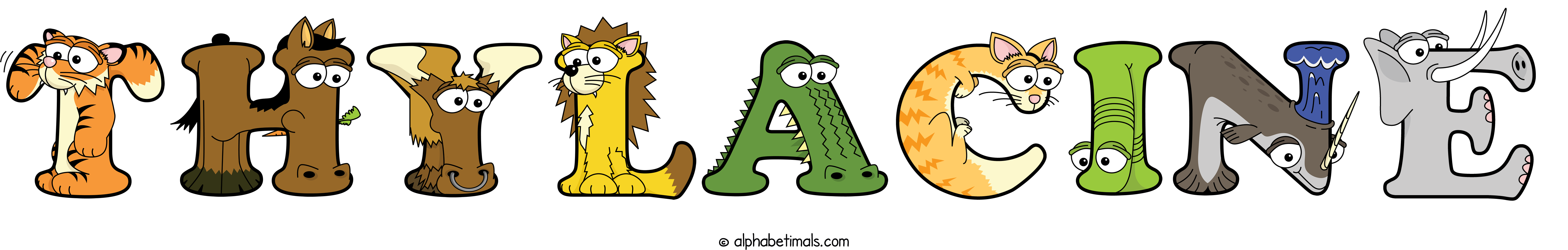 The word THYLACINE written in fun cartoon animal word art