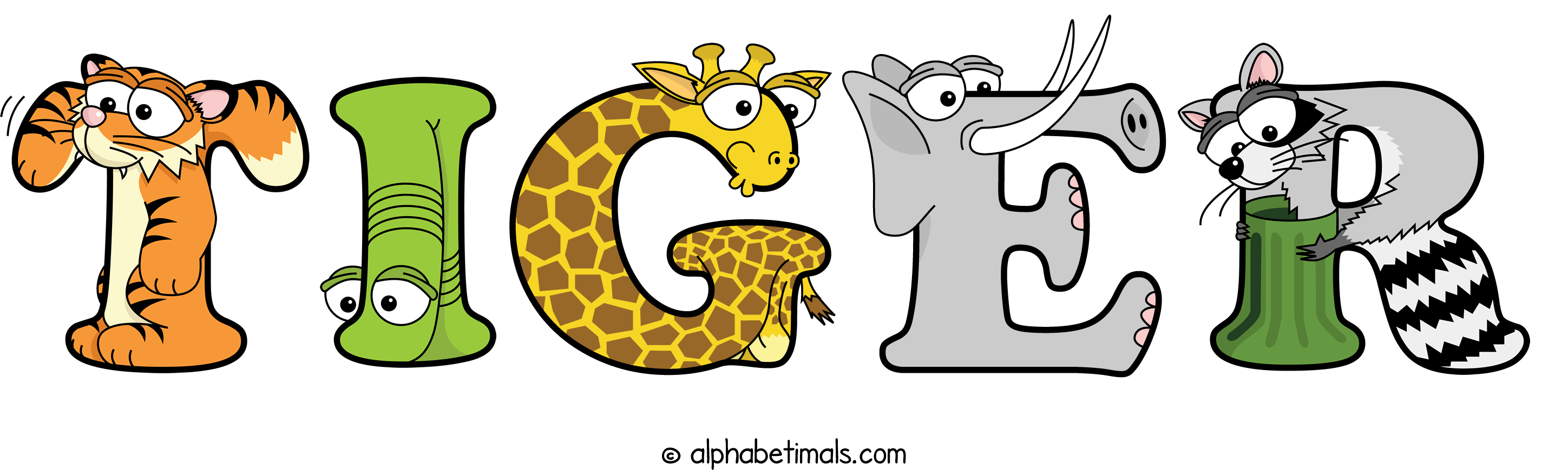 The word TIGER written in fun cartoon animal word art