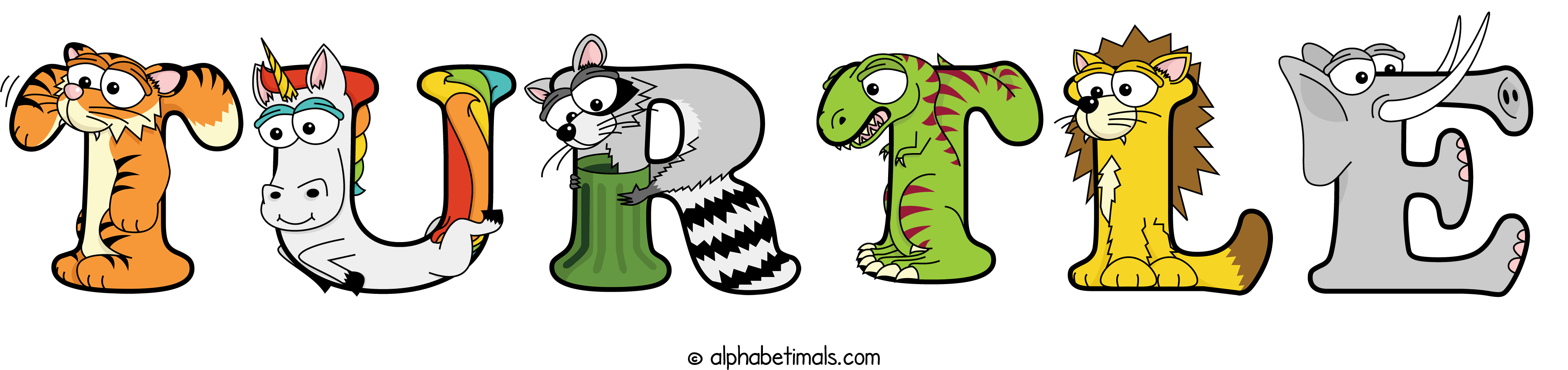 The word TURTLE written in fun cartoon animal word art