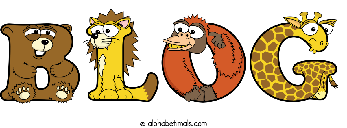 Alphabetimals spelling the word BLOG - Bear, Lion, Orangutan, Giraffe