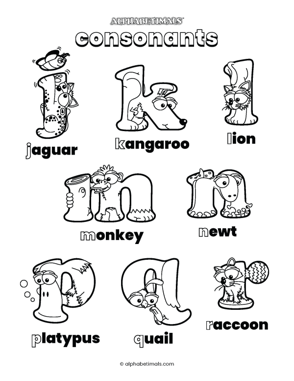 Alphabetimals Animal Phonics Coloring Pages - Consonants 2