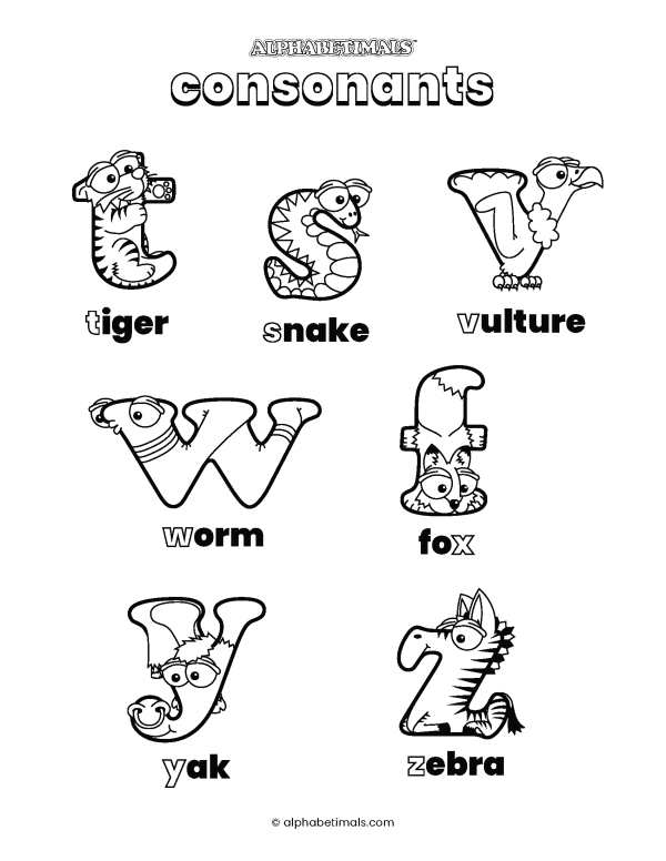 Alphabetimals Animal Phonics Coloring Pages - Consonants 3