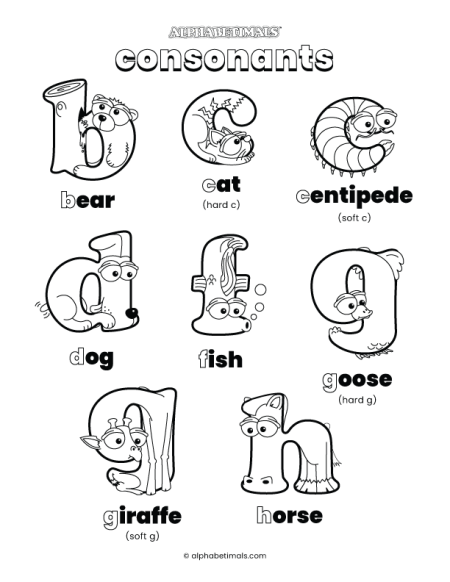 Alphabetimals Animal Phonics Coloring Pages - Consonants 1