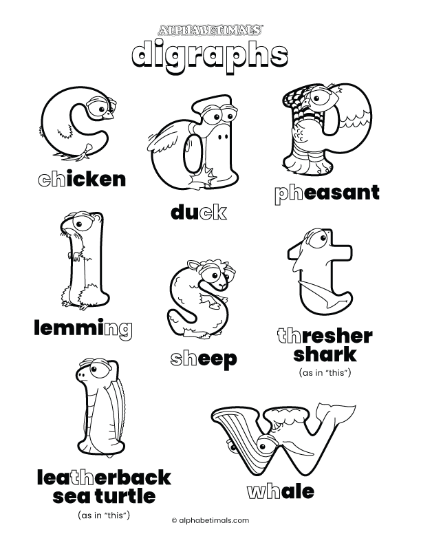 Alphabetimals Animal Phonics Coloring Pages - Digraphs