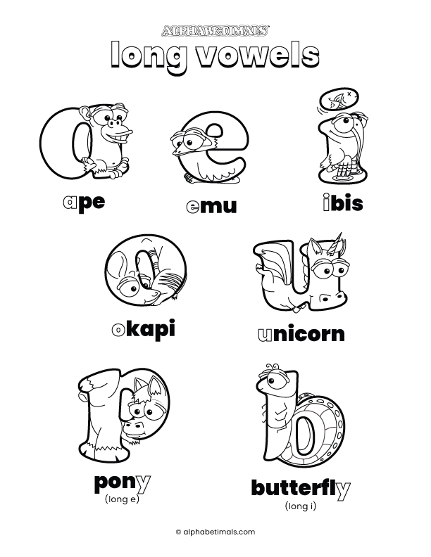 Alphabetimals Animal Phonics Coloring Pages - Long Vowels
