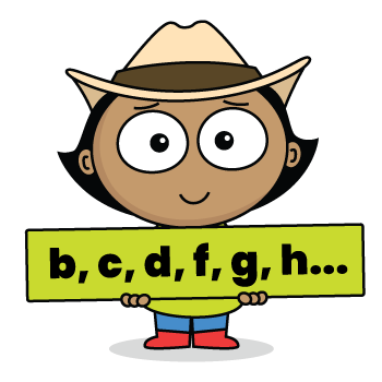 Albert holding a sign with consonants b, c, d, f, g, and h