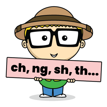 Albert holding a sign with phonics digraphs ch, ng, sh, and th