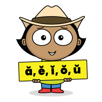 Albert holding a sign with short vowels a, e, i ,o, u