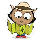 Cute cartoon boy looking at a map