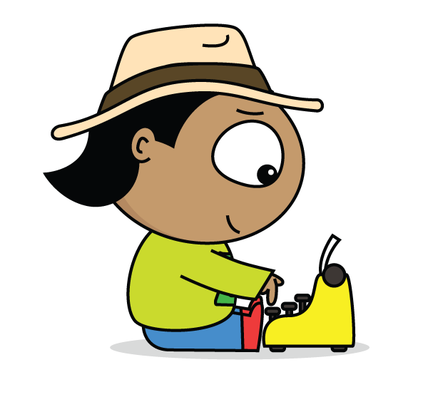 Cartoon boy typing on an old typewriter - Alphabetimals